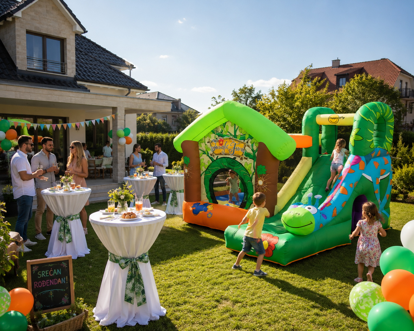 Jungle Fun zeleni dvorac sa toboganom i decom na proslavi u dvorištu